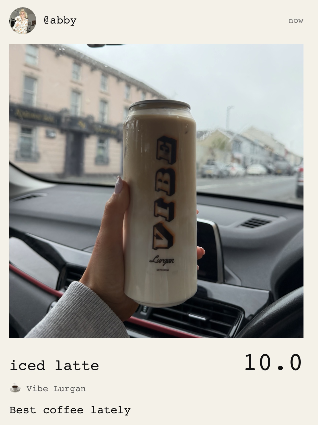 Cupd post showing a rated iced latte at Vibe Lurgan