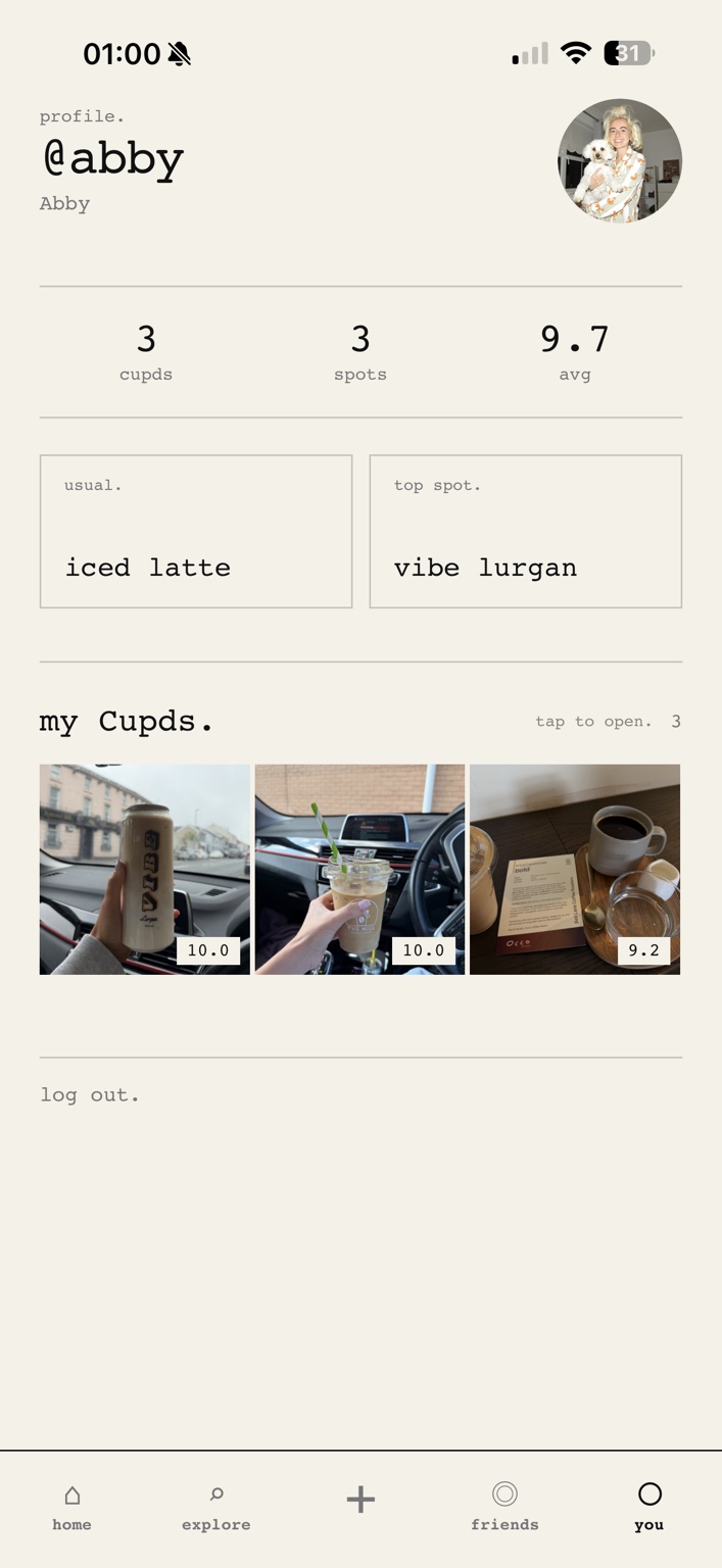 Cupd profile screen showing coffee stats and recent Cupds